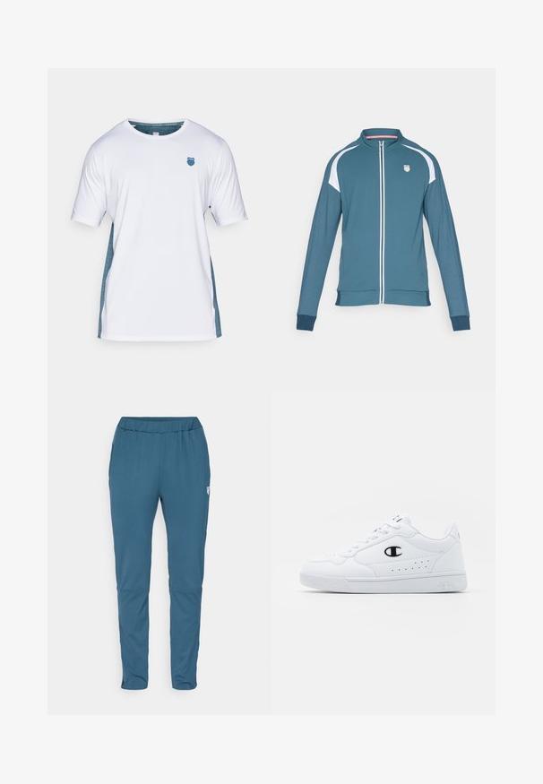 Turkio žalio zip-up užsegimo švarkas su baltomis detalėmis, ilgomis rankovėmis, aukšta apykakle ir logotipu kairiajame krūtinės puseje. Lygus paviršius ir siaura forma.; Balta trumpų rankovių marškinėliai su žaliais šonų akcentais ir mėlynu skydelio logotipu ant krūtinės. Pagaminti iš kvėpuojančios medžiagos, glotnus paviršius.; Mėlynos sportinės kelnės su elastinga juosmena, siaurėjančiomis kojomis ir užtrauktukais. Pagamintos iš glotnaus, lengvo audinio.; Baltos sportinės kedai su lygiu sintetinės medžiagos viršumi, juodu logotipo akcentu ir perforuotomis detalėmis šonuose. Gumos padas.