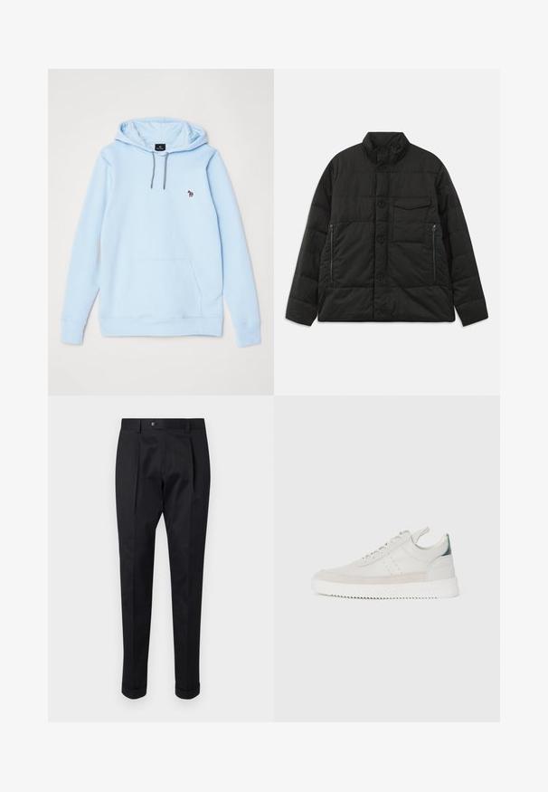 Jachetă neagră căptușită, cu guler înalt, închidere cu nasturi pe față și buzunare laterale cu fermoar. Prezintă o textură netedă și un design matlasat.; Hanorac albastru deschis din material moale, cu buzunar tip kangaroo, șnururi gri ajustabile și un mic design brodat pe piept.; Pantaloni negri dintr-un material neted, cu o pliță în față, închidere cu nasture și manșete răsucite la gleznă.; Adidași din piele albă cu accente din sueded gri, design cu șireturi, tab de prindere și talpă din cauciuc texturat cu un model în zigzag.