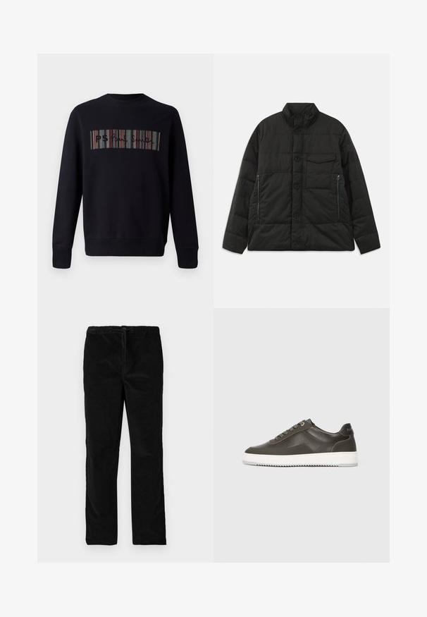 Párnázott fekete dzseki magas gallérral, elölnézeti gombos záródással és oldalsó cipzáras zsebekkel. Simább textúrával és steppelt kialakítással rendelkezik.; Fekete pulóver kerek nyakkal, elöl színes csíkos hímzéssel, amelyen a "PS" felirat szerepel. Bordázott ujjak és alsó szegély.; Fekete, egyenes szárú bársony nadrág, elasztikus derékrésszel és elől húzózsinórral, egyszerű fehér háttér előtt kiemelve.; Sötétszürke bőr tornacipő sima textúrával, fehér gumitalppal, lapos fűzőkkel és diszkrét logóval a saroknál. Alacsony szárú dizájn.