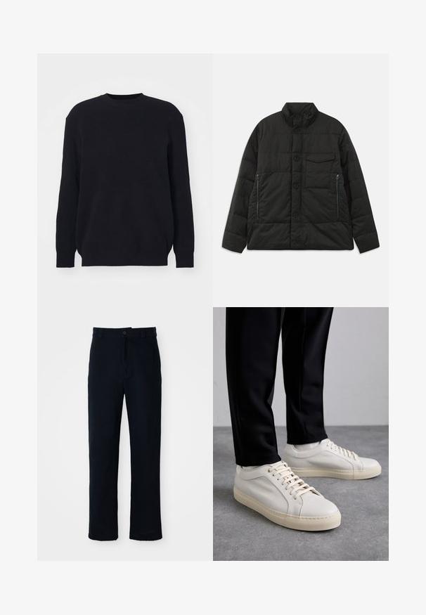 Veste rembourrée noire avec un col haut, fermeture à boutons sur le devant et poches zippées sur les côtés. Présente une texture lisse et un design matelassé.; Pull noir côtelé à manches longues et col rond. Fabriqué en tissu tricoté doux, avec une coupe décontractée et sans détails matériels visibles.; Pantalon bleu marine en coton, avec une coupe droite, une fermeture à bouton à l'avant et une taille classique avec passants de ceinture.; Baskets en cuir beige clair avec des lacets plats, une surface texturée et une semelle en caoutchouc crème contrastante, associées à un pantalon noir fuselé.