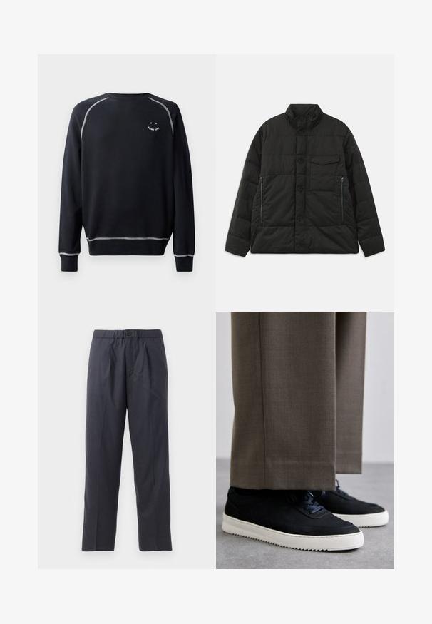 Párnázott fekete dzseki magas gallérral, elölnézeti gombos záródással és oldalsó cipzáras zsebekkel. Simább textúrával és steppelt kialakítással rendelkezik.; Fekete pulóver kerek nyakkal, hosszú ujjakkal és kontrasztos fehér varrással. Az elején egy kis grafika található. Puha szövet textúra.; Sötét tengerészkék nadrág, puha anyagból, plissézett elejű kialakítással és gumis derékkal. Gombos záródással és egyenes szárú szabással rendelkezik.; Fekete velúr sportcipők fehér gumitalppal, kerek orrú, fűzős kialakítással, szürke, szabott nadrággal párosítva.