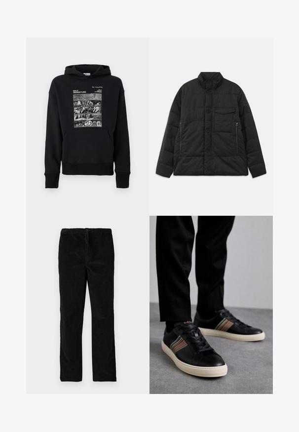 Padded černá bunda s vysokým límcem, předním zapínáním na knoflíky a bočními zipovými kapsami. Vyznačuje se hladkou texturou a prošívaným designem.; Černá mikina s kapucí, na přední straně bílá grafika znázorňující čtyři horizontální panely s přírodními scenériemi, text "BALLY HAUSZEITUNG" a klokanka.; Černé sametové kalhoty rovného střihu s elastickým pasem a předním šňůrkovým zapínáním, vystavené na jednobarevném bílém pozadí.; Černé kožené tenisky s barevnými pruhovanými akcenty, kulatou špičkou a bílou gumovou podrážkou, s designem na šněrování a embosovaným brandingem.