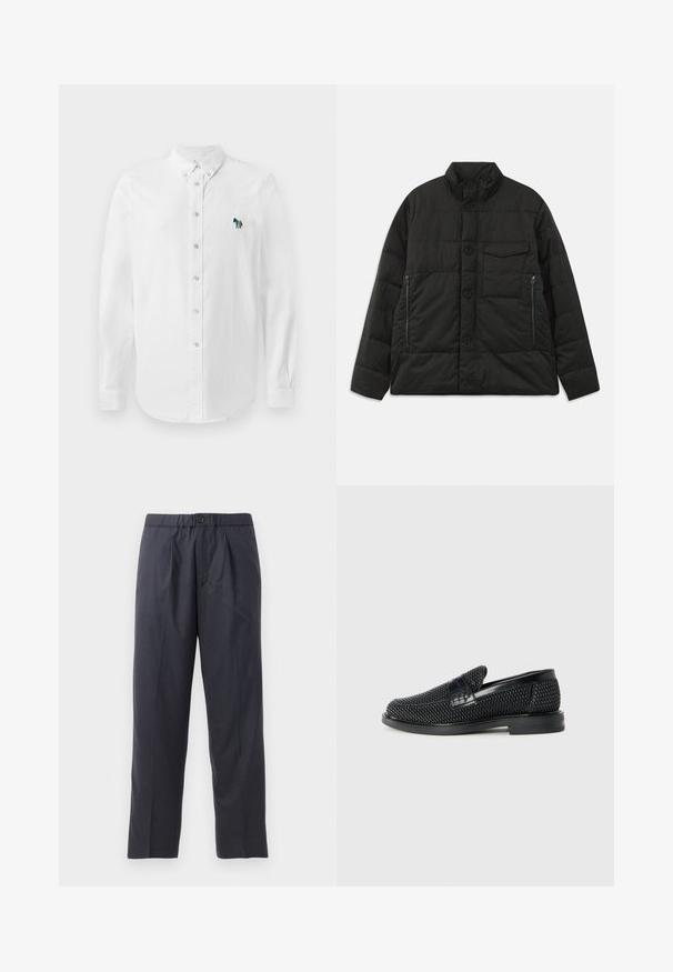 Giacca nera imbottita con colletto alto, chiusura frontale con bottoni e tasche laterali con zip. Caratterizzata da una texture liscia e un design trapuntato.; Camicia bianca con bottoni e maniche lunghe, caratterizzata da un tessuto leggermente testurizzato e un accento di cavallo ricamato multicolore sul lato sinistro del petto.; Pantaloni scuri in navy realizzati in tessuto morbido, con design a pieghe frontali e vita elastica. Presentano una chiusura con bottone e un taglio dritto.; Scarpa nera a mocassino intrecciata con un accentuato in pelle liscia sulla parte superiore, design a punta rotonda e suola in gomma a profilo basso.