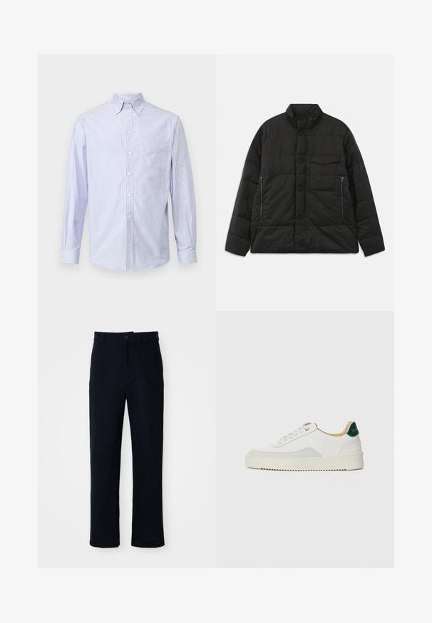Polstret sort jakke med høj krave, frontknaplukning og sidelommer med lynlås. Har en glat tekstur og quiltet design.; Lys blå og hvid stribet langærmet skjorte med knap-krave, brystlomme og knaplukning, lavet af stof med en glat tekstur.; Mørkeblå bukser lavet af bomuld, med en lige ben-design, en frontknaplukning og en klassisk talje med bæltestropper.; Hvide sneakers med ruskindsdetaljer, rund tå, flade snørebånd og en cremet gummisål. Har grøn branding på hælen.
