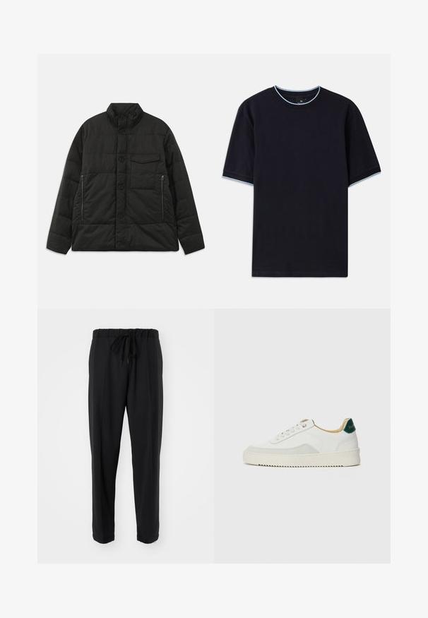 Padded black jacket with a high collar, front button closure, and side zip pockets. Features a smooth texture and quilted design.; Dark blue short-sleeve t-shirt with a round neckline, featuring light blue accent at the collar and sleeves. Made of soft cotton fabric.; Black, straight-leg pants with a drawstring waist, featuring a smooth texture and no visible embellishments or pockets.; White sneaker with suede accents, rounded toe, flat laces, and a cream rubber sole. Features green branding on the heel.