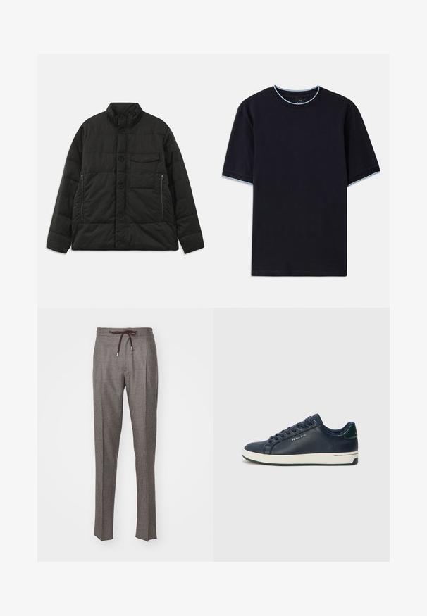 Jachetă neagră căptușită, cu guler înalt, închidere cu nasturi pe față și buzunare laterale cu fermoar. Prezintă o textură netedă și un design matlasat.; Tricou scurt cu mânecă scurtă de culoare albastru închis, cu un guler rotund, având accente de culoare albastru deschis la guler și la mâneci. Fabricat dintr-un material moale din bumbac.; Pantaloni gri țesuți cu talie reglabilă, având un model discret în carouri, două pliuri frontale și picioare conice.; Adidași din piele bleumarin cu talpă de cauciuc albă, vârful rotunjit și șireturi plate. Prezintă un accent verde pe toc și un logo discret al brandului pe lateral.
