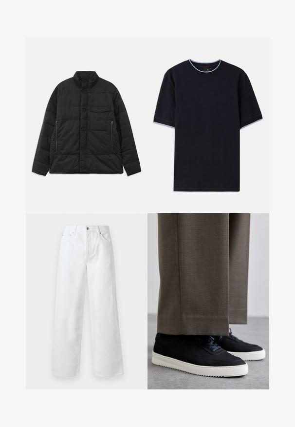 Επενδεδυμένο μαύρο μπουφάν με ψηλό γιακά, κλείσιμο μπροστά με κουμπιά και πλαϊνές τσέπες με φερμουάρ. Διαθέτει λεία υφή και καπιτονέ σχέδιο.; Σκούρο μπλε κοντομάνικο μπλουζάκι με στρογγυλή λαιμόκοψη, που διαθέτει ανοιχτό μπλε λεπτομέρεια στον γιακά και τα μανίκια. Φτιαγμένο από μαλακό βαμβακερό ύφασμα.; rag & bone BAGGY - Φαρδύ τζιν - white; Μαύρα σουέντ αθλητικά παπούτσια με λευκές καουτσούκ σόλες, με στρογγυλή μύτη και κορδόνια, φορεμένα με γκρι προσαρμοσμένα παντελόνια.
