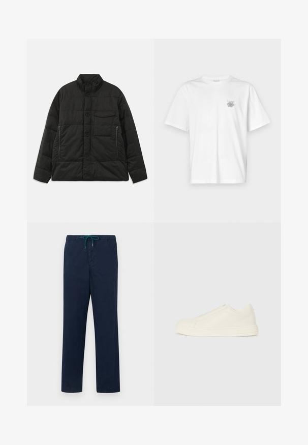 Polstrovaná čierna bunda s vysokým golierom, predným zapínaním na gombíky a bočnými zipsovými vreckami. Vyznačuje sa hladkou textúrou a prešívaným dizajnom.; Biela tričko vyrobené z bavlny, s krátkymi rukávmi, okrúhlym výstrihom a malým šedým logom na oblasti ľavej hrude. Hladká textúra.; Navy modré nohavice s elastickým pásom a teal šnúrkou, s priamym strihom a hladkou textúrou.; Nízke béžové kožené tenisky s okrúhlym špičkou, minimálnym prešívaním a bočným zipsom na bielom pozadí.