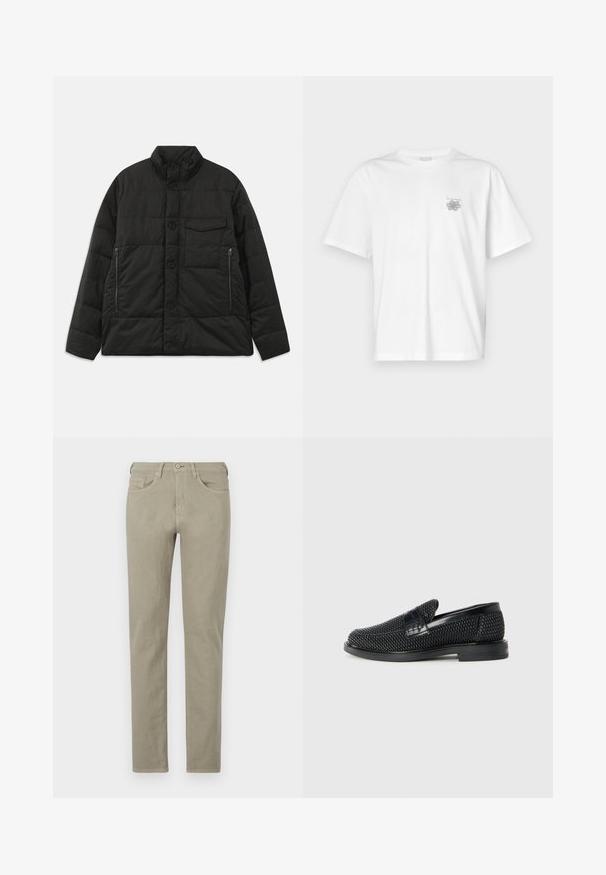 Minkštas juodas švarkas su aukštu apykaklės, priekyje mygtukų užsegimas ir šoninės užtrauktukų kišenės. Pasižymi glotnia tekstūra ir kvadratinio rašto dizainu.; Balta medvilninė marškinėlių, su trumpomis rankovėmis, apykaklė nei per aukšta, nei per žema, ir mažas pilkas logotipas kairėje krūtinės pusėje. Lygi tekstūra.; Kaki spalvos medvilniniai džinsai su siauru siluetu, penkių kišenių dizainu, sagčių ir užtrauktuko uždarymu bei subtiliu siuvinėjimu ant kišenių.; Juodas pintas slip-on tipo batelis su lygiu odiniu akcentu viršuje, apvalios nosies dizainas ir žemas guminis padas.