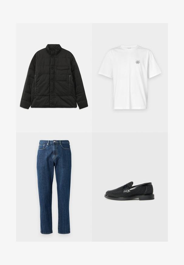 Padded black jacket with a high collar, front button closure, and side zip pockets. Features a smooth texture and quilted design.; White t-shirt made of cotton featuring short sleeves, a crew neck, and a small gray logo on the left chest area. Smooth texture.; Dark blue denim jeans with a straight leg, visible stitching, five-pocket design, and a button closure at the waistband.; Black woven slip-on shoe with a smooth leather accent on the upper, a round toe design, and a low-profile rubber sole.