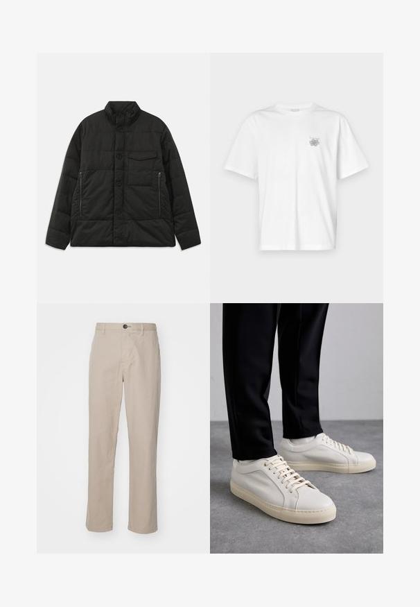 Padded black jacket with a high collar, front button closure, and side zip pockets. Features a smooth texture and quilted design.; White t-shirt made of cotton featuring short sleeves, a crew neck, and a small gray logo on the left chest area. Smooth texture.; Beige straight-leg trousers in lightweight fabric, featuring a button closure and subtle stitching details. Flat front with side pockets.; Light beige leather sneakers with flat laces, a textured surface, and a contrasting cream-colored rubber sole, paired with black tapered pants.