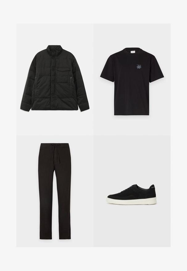 Soojendav must jakk kõrge kraega, ees nupu sulgemisega ja küljetaskutega. Omab siledat tekstuuri ja tikanditud disaini.; Must mustaga T-särk, millel on ümar kaelus ja lühikesed varrukad. Vasakul rinnal on väike sinine logo. Lihtne, sirge lõikega disain.; Mustad linane püksid, millel on paelakinnitusvöö, sirged sääred ja sile tekstuur. Lihtne disain, nähtavaid mustreid või lisandeid pole.; Mustad suede jooksujalatsid, millel on paelad ja kontrastne valge kummitald. Omab tekstuuriga külgpaneele ja tagasihoidlikku brändimist kandadel.