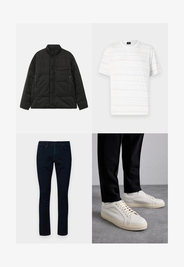 Minkštas juodas švarkas su aukštu apykaklės, priekyje mygtukų užsegimas ir šoninės užtrauktukų kišenės. Pasižymi glotnia tekstūra ir kvadratinio rašto dizainu.; Balta trumpa rankovėmis marškinėliai, su horizontaliomis brūkšninėmis linijomis šviesiai mėlynos, rožinės ir juodos spalvų. Klasikinis apvalus kaklo iškirpimas.; Tamsiai mėlynos džinsai pagaminti iš džinsinio audinio, turintys klasikinį penkių kišenių dizainą, tiesų kirpimą ir subtilius siuvimo akcentus ant kišenių.; Šviesūs smėlio spalvos odiniai sportbačiai su plokščiomis raišteliais, tekstūruotu paviršiumi ir kontrastinga kreminės spalvos gumine padu, derinami su juodomis siaurėjančiomis kelnėmis.