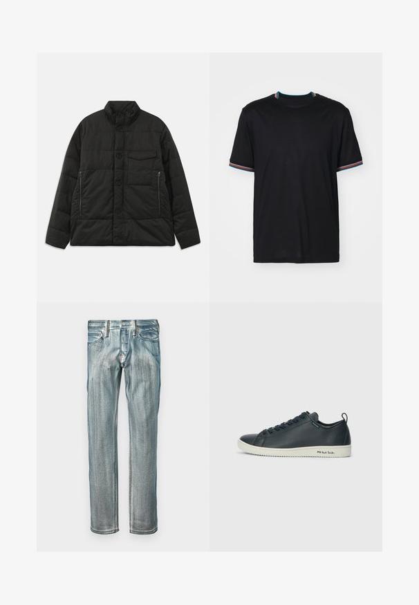 Padded black jacket with a high collar, front button closure, and side zip pockets. Features a smooth texture and quilted design.; Black short-sleeve t-shirt with a round neckline, featuring multicolored striped accents on the collar and sleeves. Soft fabric texture.; Blue denim jeans with a straight-leg cut, featuring a faded finish, five pockets, and copper hardware accents at the waistband.; Dark navy leather sneaker with a smooth finish, rounded toe, six eyelet lacing, and contrasting white rubber sole. Features branding on the side.