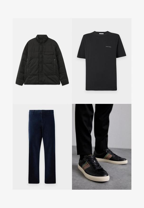 Padded schwarze Jacke mit hohem Kragen, Frontknopfverschluss und seitlichen Reißverschlusstaschen. Sie zeichnet sich durch eine glatte Textur und ein gestepptes Design aus.; Schwarzes Baumwoll-T-Shirt mit Rundhalsausschnitt, kurzen Ärmeln und einem kleinen weißen "TIGER OF SWEDEN"-Logo auf der Brust. Klassischer Schnitt.; Marineblaue Hose aus einem weichen, strukturierten Stoff, mit einem Knopfverschluss und geradem Schnitt, versehen mit dezenten Nähdetails.; Schwarze Ledersneaker mit mehrfarbigen gestreiften Akzenten, runder Zehenform und weißen Gummisohlen, mit schnürbarem Design und geprägter Markenkennzeichnung.