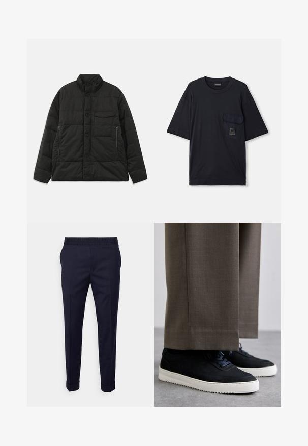 Vuoren musta takki korkealla kauluksella, etuosassa nappisuljenta ja sivutaskut vetoketjulla. Ominaisuuksiin kuuluu sileä pinta ja brodeerattu kuvio.; Mustat lyhyet hihat t-paita, jossa on pyöreä kaula-aukko ja vasemmassa rinnassa läppätasku, jossa on pieni suorakaiteen muotoinen logopatch.; Siniset housut, joissa on sileä pinta, vyötäröllä joustava kuminauha ja käärityt lahkeet. Housut on suunniteltu kapeaksi istuvuudeltaan ja niissä on sivutaskut.; Mustat mokkakengät valkoisilla kumipohjilla, joissa on pyöreä kärki ja nauhat, käytetään harmaiden räätälöityjen housujen kanssa.