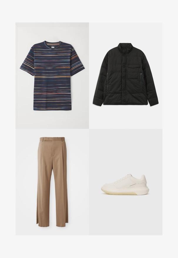 Vuoren musta takki korkealla kauluksella, etuosassa nappisuljenta ja sivutaskut vetoketjulla. Ominaisuuksiin kuuluu sileä pinta ja brodeerattu kuvio.; Laivastonsininen lyhythihainen t-paita, jossa on vaakasuoria raitoja eri väreissä, pyöreä pääntie, pehmeä kangas ja rento istuvuus.; Vaaleanruskeat räätälöidyt housut, joissa on suorat lahkeet, vyölenkit, etusauma ja piilovetoketju, esillä litteänä valkoista taustaa vasten.; Valkoiset tennarit, joissa on sileä nahkapinta, pyöristetty kärki ja paksu kumipohja. Ominaisuuksiin kuuluu minimaalinen ommel ja hillitty logo-detaili sivussa.