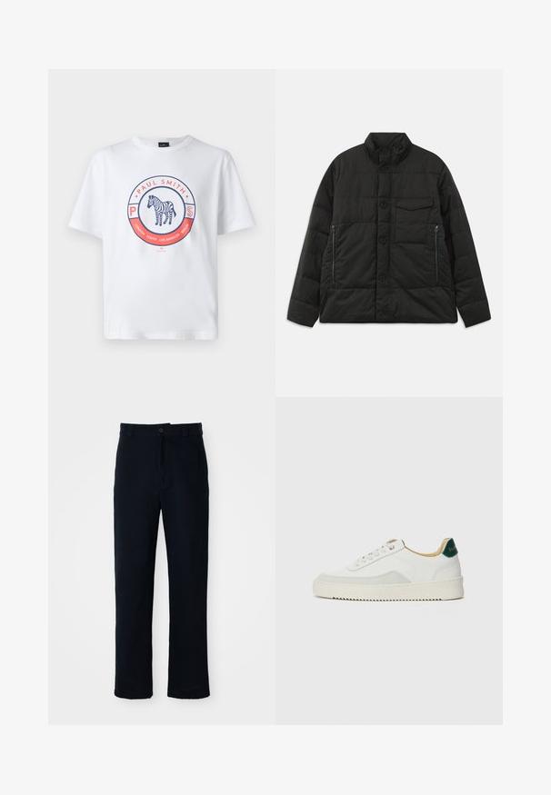 Soojendav must jakk kõrge kraega, ees nupu sulgemisega ja küljetaskutega. Omab siledat tekstuuri ja tikanditud disaini.; Valge puuvillane T-särk, millel on ümmargune graafika. Keskendatud disain sisaldab teksti "Paul Smith" ja ringi sees illustreeritud sebra.; Tumed sinelased püksid puuvillast, sirge lõikega, eesnupu sulgemisega ning klassikalise vöökohaga, kus on vööaasad.; Valged tennisjalanõud, millel on sametised aktsendid, ümar varvas, lame nöörid ja kreemjas kummine põhja. Hästi nähtav roheline bränding kannal.