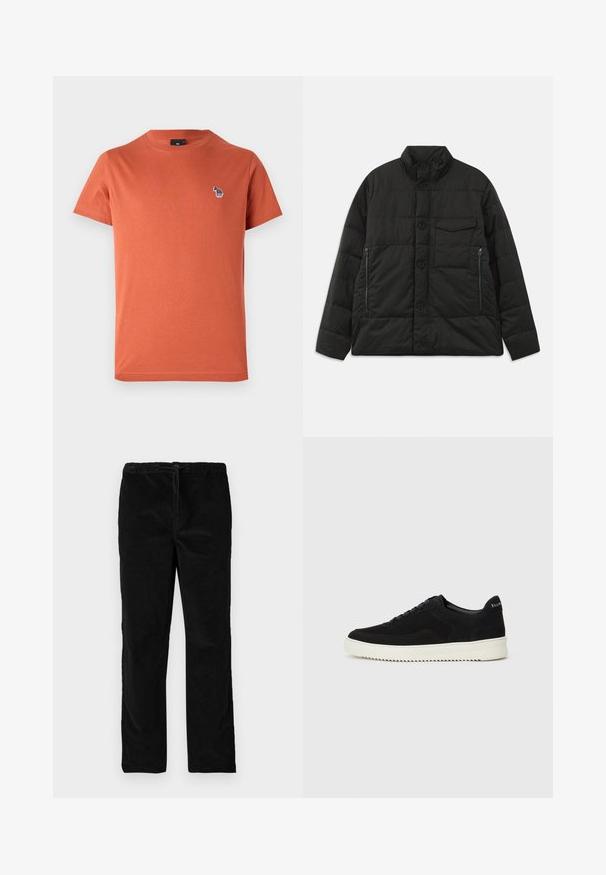 Gevoerde zwarte jas met een hoge kraag, sluiting met knopen aan de voorkant en zijzakken met rits. Heeft een gladde textuur en een gestikt ontwerp.; Oranje katoenen T-shirt met korte mouwen, ronde hals en een klein, mult Kleuren geborduurd ontwerp op de linkerkant van de borst.; Zwarte rechte fluwelen broek met elastische tailleband en voorste trekkoord, gepresenteerd tegen een eenvoudige witte achtergrond.; Zwarte suède sneakers met vetersluiting en contrasterende witte rubberen zool. Voorzien van textuurpanelen aan de zijkanten en subtiele branding op de hiel.