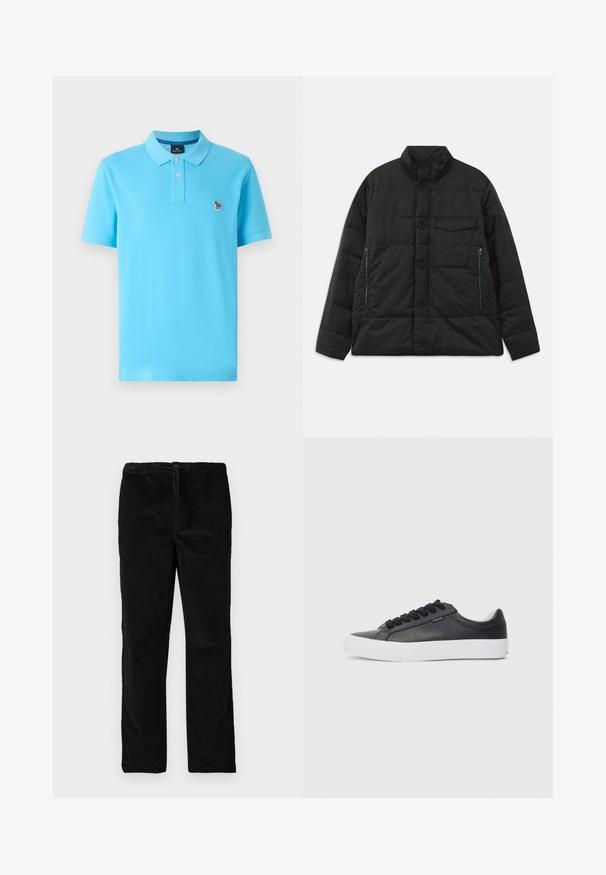 Obložena crna jakna s visokim ovratnikom, prednjim kopčanjem na dugmad i bočnim zip džepovima. Ima glatku teksturu i kviltski dizajn.; Polo majica u svijetloplavoj pamučnoj tkanini s klasičnim ovratnikom, dva gumba i malim izvezenim dizajnom na prsima.; Crne ravne kadarske hlače od baršuna s elastičnim pojasom i prednjim vezicom, prikazane na jednostavnoj bijeloj pozadini.; Crna kožna tenisica s bijelim gumeni potplat, okrugli vrh i crne vezice, s glatkom teksturom i minimalističkim dizajnom.