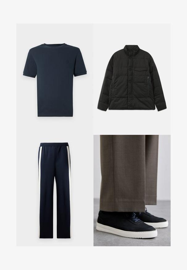 Padded czarna kurtka z wysokim kołnierzem, z przodu na guziki i z bocznymi kieszeniami na zamek. Posiada gładką teksturę i pikowany wzór.; Granatowa koszulka bawełniana z krótkimi rękawami, okrągłym dekoltem i małym teksturowanym logo na lewej piersi. Gładkie wykończenie materiału.; Granatowe dresy z szerokimi nogawkami, z pionowymi kremowymi paskami po bokach. Wykonane z miękkiej, teksturowanej tkaniny z elastycznym pasem.; Czarne zamszowe sneakersy z białymi gumowymi podeszwami, z zaokrąglonym noskiem i sznurówkami, noszone z szarymi dopasowanymi spodniami.