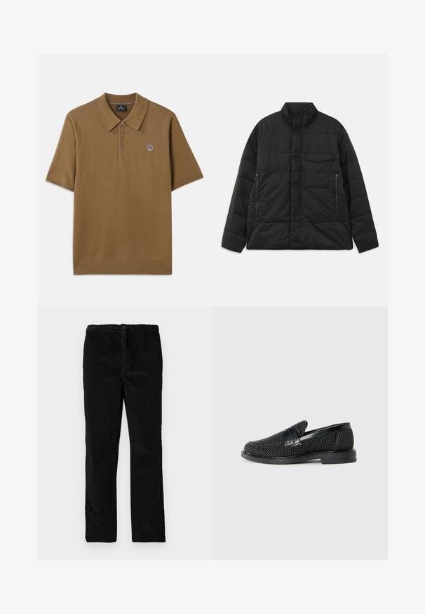 Polstrovaná čierna bunda s vysokým golierom, predným zapínaním na gombíky a bočnými zipsovými vreckami. Vyznačuje sa hladkou textúrou a prešívaným dizajnom.; Hnedé polo tričko vyrobené z mäkkého materiálu s prehnutým golierom, tromi gombíkmi a malým prúžkovaným logom koníka na hrudi.; Čierne saténové nohavice s rovnými nohavicami, elastickým pásom a predným šnúrkovým zapínaním, vystavené na bielom pozadí.; Čierne tkané slip-on topánky s hladkým koženým akcentom na vrchnej časti, s okrúlym dizajnom špičky a nízkoprofilovou gumovou podrážkou.