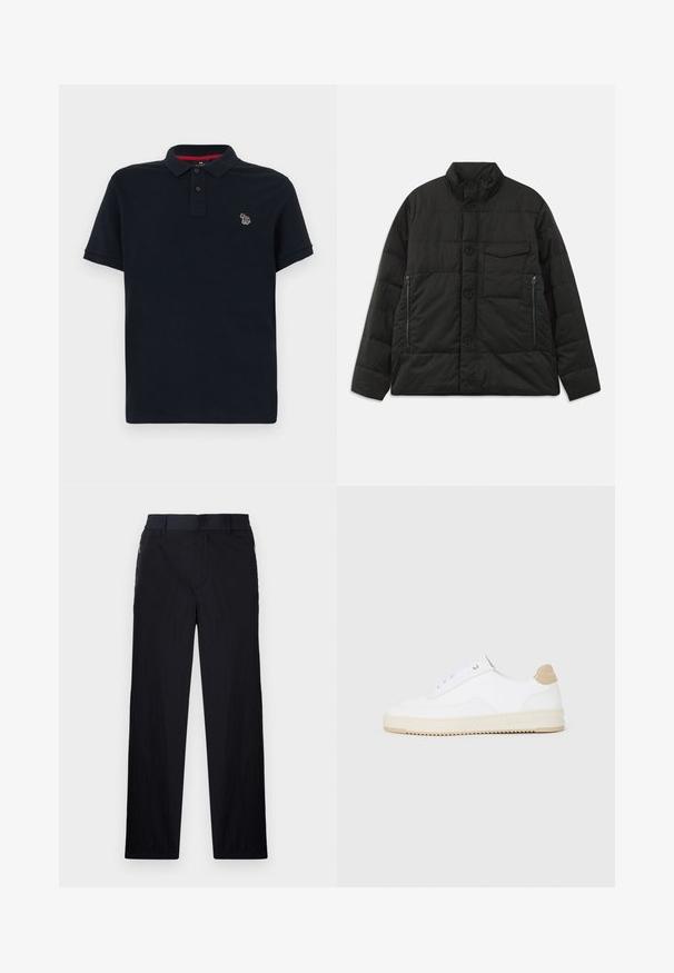 Padded czarna kurtka z wysokim kołnierzem, z przodu na guziki i z bocznymi kieszeniami na zamek. Posiada gładką teksturę i pikowany wzór.; Granatowa koszulka polo z kołnierzykiem, krótkimi rękawami i dwoma guzikami. Posiada mały haftowany wzór na lewej piersi oraz subtelnie teksturowaną powierzchnię.; Czarne spodnie wykonane z lekkiego, teksturowanego materiału, o prostym kroju, z elastycznym paskiem i bocznymi kieszeniami na zamek.; Białe niskie sneakersy z teksturowanej skórzanej cholewce, kremową żłobioną podeszwą i brązowym akcentem na pięcie. Posiadają białe sznurowadła i detal z logo na pięcie.