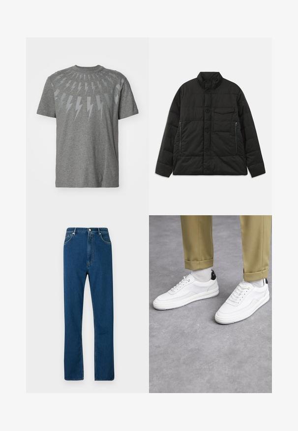 Chaqueta negra acolchada con alto cuello, cierre de botones en la parte delantera y bolsillos laterales con cremallera. Presenta una textura suave y un diseño acolchado.; Camiseta de algodón gris con un diseño gráfico de rayos grises claros dispuestos en un patrón circular alrededor del escote.; Vaqueros de mezclilla azul con cintura alta, diseño de pierna recta, estilo de cinco bolsillos y costuras en naranja contrastante. Textura suave.; Zapatillas blancas con un acabado de cuero texturizado, punta redondeada y acento negro en el talón. Suela de goma con un pequeño patrón de relieve y detalle de costura.