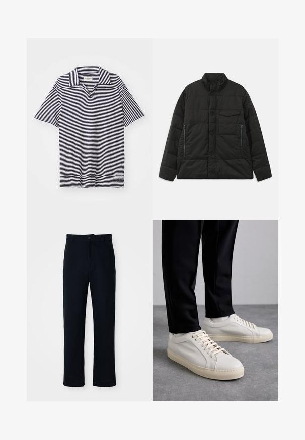 Vadderad svart jacka med hög krage, framknäppning och sidofickor med dragkedja. Har en slät textur och quiltat mönster.; Randig polo t-shirt med V-hals, i marinblå och vita horisontella ränder, korta ärmar och ett mjukt, lätt tyg.; Mörkblå bomullsbyxor med rak bendesign, frontknappstängning och klassisk midja med bälteshällor.; Ljust beige läder sneakers med platta snören, en strukturerad yta och en kontrasterande gummisula i krämfärg, parat med svarta avsmalnande byxor.
