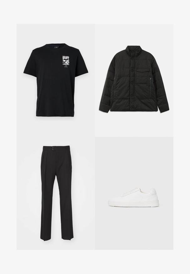 Veste rembourrée noire avec un col haut, fermeture à boutons sur le devant et poches zippées sur les côtés. Présente une texture lisse et un design matelassé.; T-shirt en coton noir à manches courtes, avec un imprimé graphique blanc comportant du texte et des crânes sur le côté gauche de la poitrine. Design classique à col rond.; Pantalons noirs ajustés avec une coupe droite, deux poches avant et une fermeture à double bouton à la taille. Tissu au toucher lisse.; Sneaker blanc avec une tige en cuir lisse, bout rond, lacets, accents latéraux texturés et une épaisse semelle en caoutchouc. Design minimaliste.