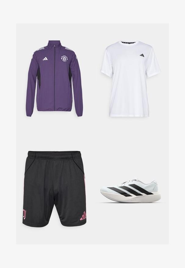 Lila zipzáras dzseki, könnyű anyagból készült, fekete oldalpanelek, fehér adidas csíkokkal és Manchester United logóval a mellkason.; Fehér sportpóló rövid ujjal, nedvességelvezető anyagból készült. A bal mellrészen fekete logó található, és a nyak belső része mintás.; Fekete sportnadrág rózsaszín részletekkel, elasztikus derékrésszel, oldalsó zsebekkel és Adidas logóval. Könnyű, sima anyagból készült.; Világoskék, fekete csíkos könnyű futószerek. Simább felső résszel, kerek orral és vastag fehér középtalppal, amelyen a "LIGHTSTRIKE PRO" felirat olvasható.