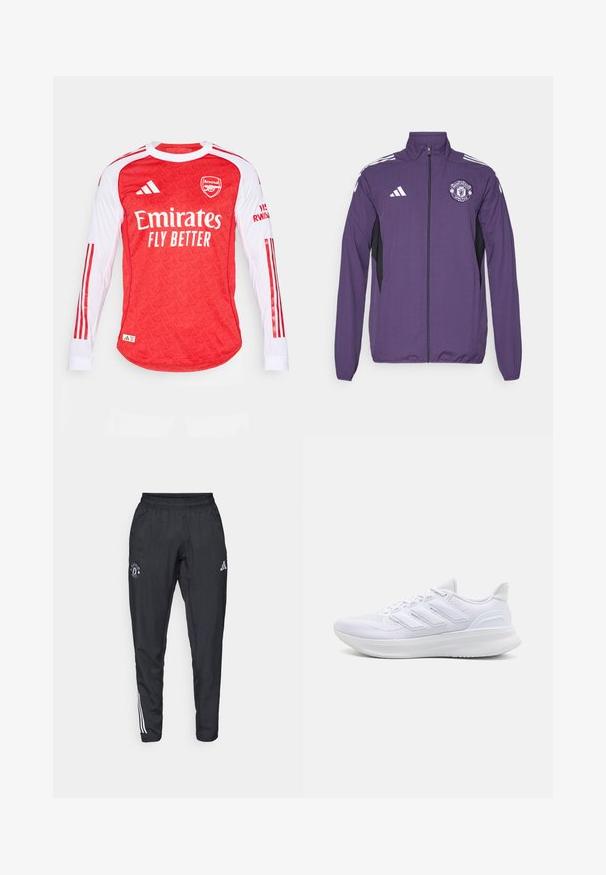 Lilla zip-up jakke lavet af letvægtsstof, med sorte sidepaneler, hvide adidas-striber og et Manchester United-logo på brystet.; Rød langærmet trøje med mønstret tekstur, hvide ærmer og røde striber. Har Arsenal-logoet og teksten "Emirates Fly Better".; Sorte atletiske bukser med elastisk talje, broderet logo på låret og hvide striber, der løber ned ad siderne.; Hvide sportssko med en tekstureret mesh-overdel, en støttende polstret sål og et tre-stripes design på siden.