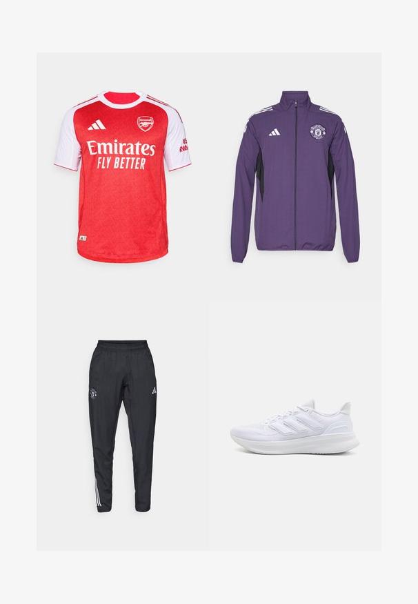 Purple zip-up jacket made of lightweight fabric, featuring black side panels, white adidas stripes, and a Manchester United logo on the chest.; Red and white Arsenal football jersey with short sleeves, featuring a textured pattern, "Emirates Fly Better" logo, and Adidas stripes.; Black athletic pants featuring an elastic waistband, embroidered logo on the thigh, and white stripes running down the sides.; White athletic shoes featuring a textured mesh upper, supportive cushioned sole, and three stripe design on the side.
