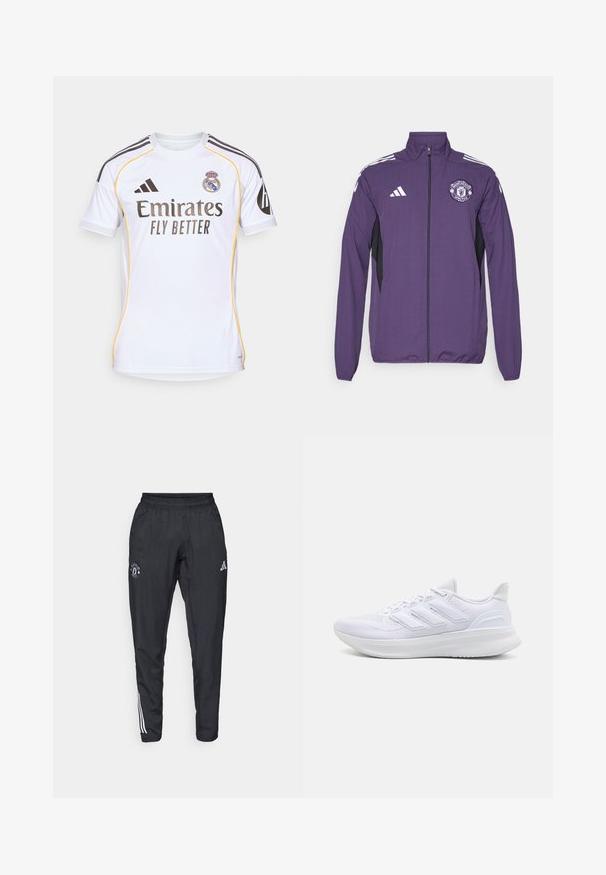 Chaqueta morada con cremallera hecha de tela ligera, con paneles laterales negros, rayas blancas de adidas y un logo del Manchester United en el pecho.; Camiseta de fútbol blanca hecha de una tela ligera, con acentos amarillos, rayas negras en los hombros y el logo del equipo en el pecho.; Pantalones deportivos negros con cinturilla elástica, logo bordado en el muslo y rayas blancas que recorren los lados.; Zapatillas deportivas blancas con una parte superior de malla texturizada, suela acolchada y soporte, y un diseño de tres rayas en el lateral.