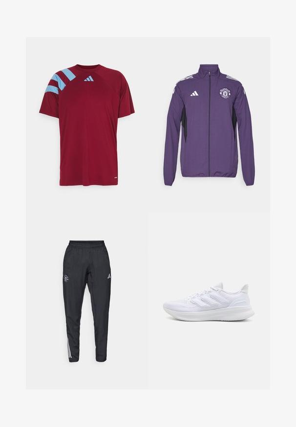 Chaqueta morada con cremallera hecha de tela ligera, con paneles laterales negros, rayas blancas de adidas y un logo del Manchester United en el pecho.; Camiseta atlética roja de manga corta, con rayas azules en el hombro izquierdo y un pequeño logo blanco en el pecho. Textura suave.; Pantalones deportivos negros con cinturilla elástica, logo bordado en el muslo y rayas blancas que recorren los lados.; Zapatillas deportivas blancas con una parte superior de malla texturizada, suela acolchada y soporte, y un diseño de tres rayas en el lateral.