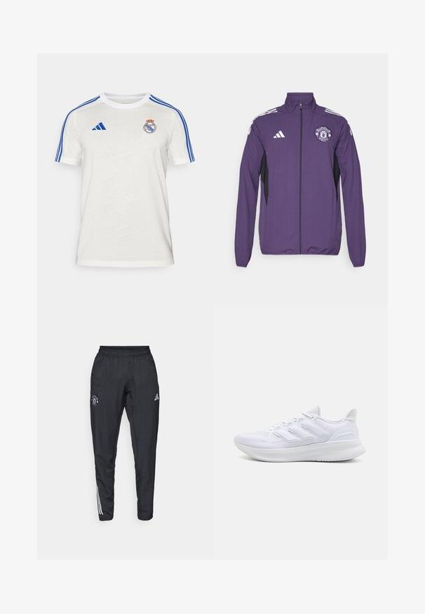 Purple zip-up jacket made of lightweight fabric, featuring black side panels, white adidas stripes, and a Manchester United logo on the chest.; White Adidas T-shirt featuring blue stripes on shoulders, embroidered club logo on chest. Made of lightweight fabric, short sleeves.; Black athletic pants featuring an elastic waistband, embroidered logo on the thigh, and white stripes running down the sides.; White athletic shoes featuring a textured mesh upper, supportive cushioned sole, and three stripe design on the side.