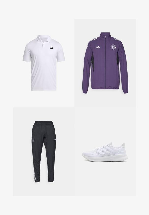 Chaqueta morada con cremallera hecha de tela ligera, con paneles laterales negros, rayas blancas de adidas y un logo del Manchester United en el pecho.; Polo blanco hecho de tela transpirable con cuello, con mangas cortas y un logo negro de Adidas en el lado izquierdo del pecho.; Pantalones deportivos negros con cinturilla elástica, logo bordado en el muslo y rayas blancas que recorren los lados.; Zapatillas deportivas blancas con una parte superior de malla texturizada, suela acolchada y soporte, y un diseño de tres rayas en el lateral.