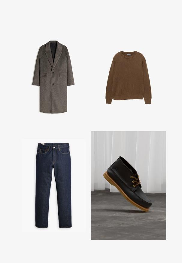 Cappotto di lana grigio con rever a punta, design monopetto, due tasche frontali e foderato internamente in modo liscio. Presenta bottoni neri.; Maglione a coste marrone con scollatura rotonda e maniche lunghe. Presenta una vestibilità comoda e una finitura texturizzata.; Jeans in denim blu scuro con taglio dritto, caratterizzati da stile a cinque tasche, cuciture visibili e un classico bottone di chiusura.; Scarpe in pelle nera con finitura liscia, punta tonda, lacci marroni e suole in gomma marrone chiaro. Logo impresso sul lato.