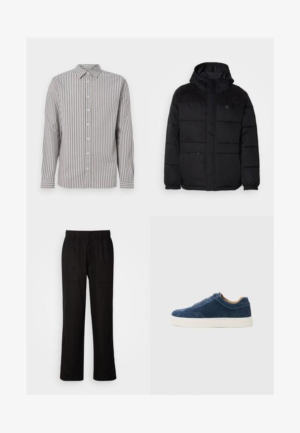 Giacca nera imbottita con cappuccio, dotata di chiusura con zip, polsini elasticizzati e dettagli in suede sulle spalle per un tocco di texture in più.; Camicia a maniche lunghe da uomo in beige chiaro con strisce verticali blu navy. Presenta un colletto a punta e bottoni bianchi lungo il davanti.; Pantaloni neri con vestibilità morbida, realizzati in tessuto leggero. Presentano un elastico in vita, chiusura con bottone e due tasche anteriori.; Sneaker in pelle scamosciata blu con suola in gomma bianca, design con lacci, punta arrotondata e interno in contrasto color tan. Dettagli di cucitura sottili.