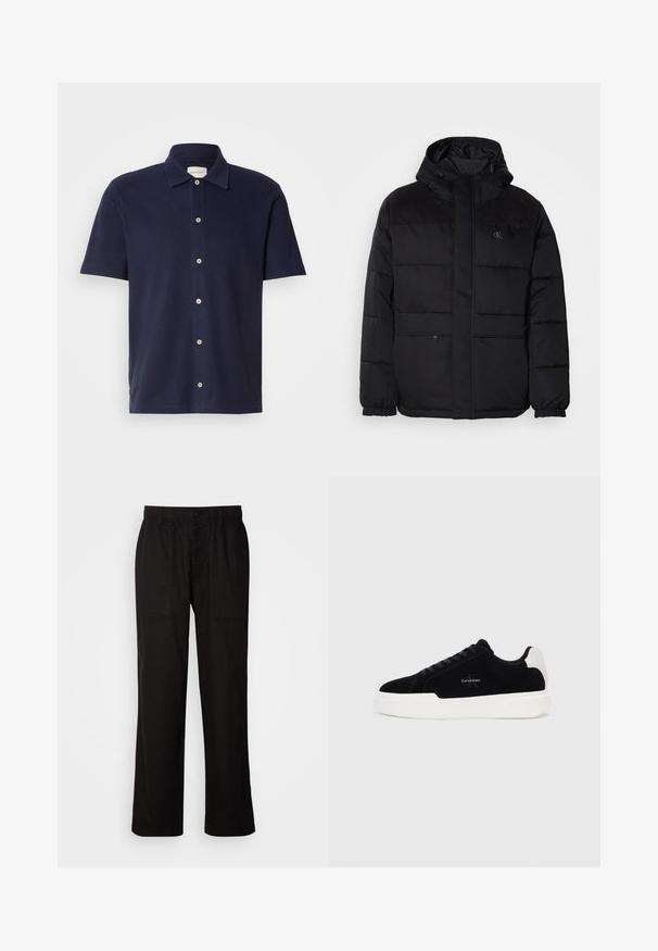 Padded čierna bunda s kapucňou, so zipsovým zapínaním, elastickými manžetami a semišovými akcentmi na pleciach pre dodatočnú textúru.; Námornícky modré polo tričko s krátkymi rukávmi a klasickým golierom, s gombíkovým zapínaním a malým vyšitým logom na hrudi.; Čierne nohavice s voľným strihom, vyrobené z ľahkej látky. Majú elastický pás, zapínanie na gombík a dve predné vrecká.; Čierne nízke tenisky s bielou podrážkou a pätkou, šnurovací predok a logo Calvin Klein na boku.