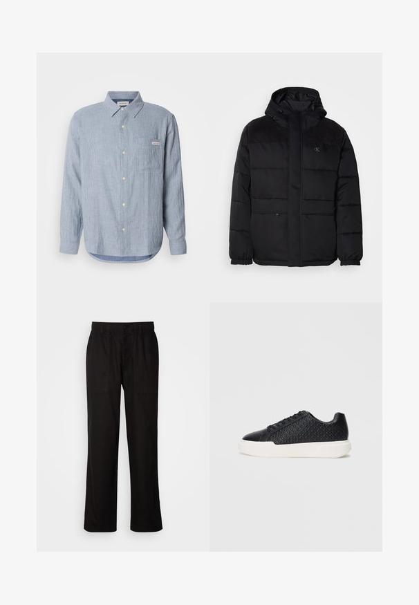 Polstret svart jakke med hette, med glidelås, elastiske mansjetter, og semsket skinn på skuldrene for ekstra tekstur.; Lys blå stripete skjorte med knapper, bomullsstoff, lange ermer, spiss krage, enkelt brystlomme og logo-merke detalj.; Svart bukser med avslappet passform, laget av lett stoff. Har elastisk midjebånd, knapplukking og to frontlommer.; Svart sneakers med geometrisk tekstur på siden, glatt tåhette og hvit gummisåle. Har runde snører og lavt snitt.