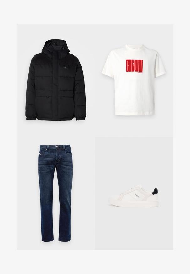 Podložena črna jakna s kapuco, z zadrgo, elastičnimi manšetami in semišnimi detajli na ramenih za dodano teksturo.; Bela bomba iz 100% bombaža z velikim rdečim grafičnim tiskom "CALVIN KLEIN" spredaj, s krožnim ovratnikom in kratkimi rokavi.; Temno modri traper hlače s ravnimi nogami, z zadrgo, petimi žepi in diskretnimi šivi. Gladka tekstura.; Beli športni čevlji z svetlo roza in črnimi detajli, ki imajo gladke usnjene in semiš panele, okroglo konico in plitki gumijasti podplat.