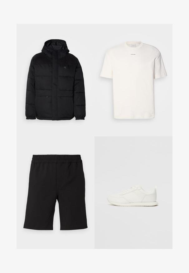 Mīksts melns jaka ar kapuci, ar rāvējslēdzēja aizdari, elastīgiem piedurkņu galiem un zamšādas akcentiem uz pleciem, lai pievienotu tekstūru.; Balta kokvilnas T-kreklu ar apaļu kaklu, īsām piedurknēm un izšūtu "Calvin Klein" logotipu krūšu centrā. Vienkāršs dizains.; Melnas šortas, kas izgatavoti no ērtas auduma ar elastīgu jostasvietu. Vienkāršs dizains, taisns griezums, piemērots ikdienas valkāšanai.; Baltie sporta apavi ar mežģīņu un sintētisko augšdaļu, apaļu purngalu, plakanu mežģīņu un teksturētu sānu joslu. Gumijas zole ar cilpu aizmugurē.