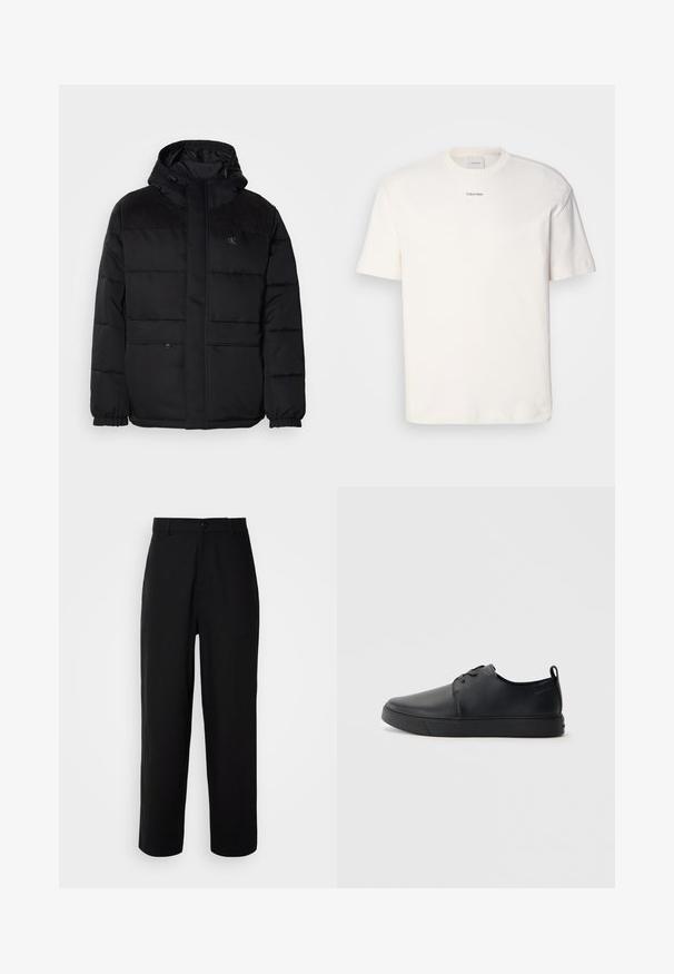 Mīksts melns jaka ar kapuci, ar rāvējslēdzēja aizdari, elastīgiem piedurkņu galiem un zamšādas akcentiem uz pleciem, lai pievienotu tekstūru.; Balta kokvilnas T-kreklu ar apaļu kaklu, īsām piedurknēm un izšūtu "Calvin Klein" logotipu krūšu centrā. Vienkāršs dizains.; Melni bikses, kas izgatavotas no gludas auduma, ar taisnu kāju dizainu, priekšējo pogu aizdari un sānu kabatām.; Melnas ādas kedas ar gludu apdari, noapaļota purngala, tonāla šuvēm, auklu fronti un plakanu gumijas zoli. Cilpa pie papēža.