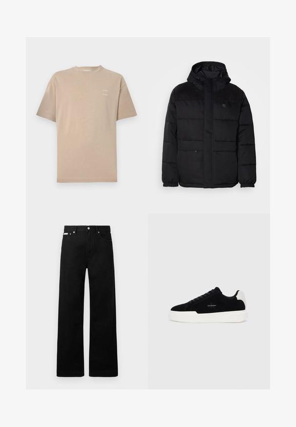 Casaco preto acolchoado com capuz, apresentando um fecho de correr, punhos elásticos e detalhes em camurça nos ombros para adicionar textura.; T-shirt de algodão bege com mangas curtas e decote redondo. Apresenta o nome da marca impresso de forma subtil no lado superior esquerdo do peito. Textura suave.; Calças de ganga pretas com um design de pernas largas, apresentando cinco bolsos e fechos metálicos. Textura suave, sem padrões visíveis.; Sapatilha preta de cano baixo com sola e aba do calcanhar brancas, com atacadores à frente e logotipo da Calvin Klein na lateral.