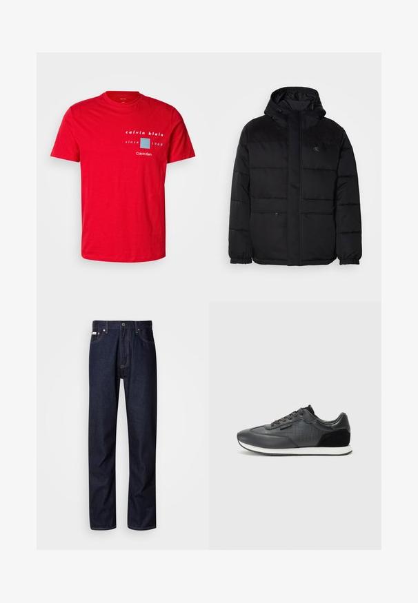 Zachte zwarte jas met een capuchon, voorzien van een ritssluiting, elastische manchetten en suede accenten op de schouders voor extra textuur.; Rode katoenen t-shirt met een ronde hals, korte mouwen, en een gedrukt logo ontwerp in wit en blauw, met de tekst "sinds 1968".; Donkerblauwe denim jeans met een rechte snit, voorzien van een knoopsluiting, vijf zakken en contrasterende stiksels.; Zwarte sport sneakers met een leren bovenwerk, perforaties, suède accenten en een witte rubberen zool. Klassiek vetersluiting ontwerp.