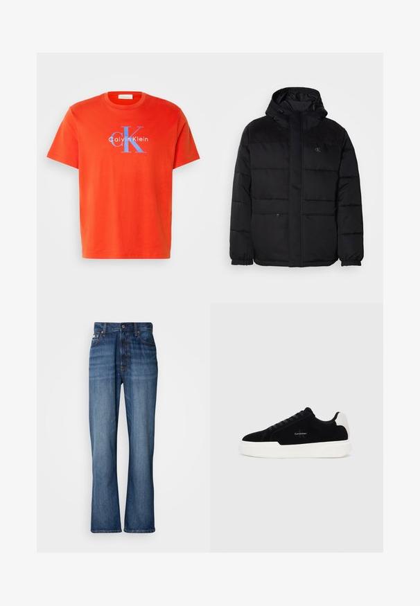 Chaqueta negra acolchada con capucha, que cuenta con cierre de cremallera, puños elásticos y detalles de ante en los hombros para añadir textura.; Camiseta de algodón roja con mangas cortas, que presenta un logo azul de "Calvin Klein" y un diseño de "CK" en el frente. Cuello redondo sencillo.; Jeans de mezclilla azul con cintura alta, piernas acampanadas, diseño de cinco bolsillos y costuras tonales. Cuenta con cierre de botón y bolsillos remachados.; Zapatilla negra de corte bajo con suela blanca y tab de talón, parte delantera con cordones y logo de Calvin Klein en el lateral.