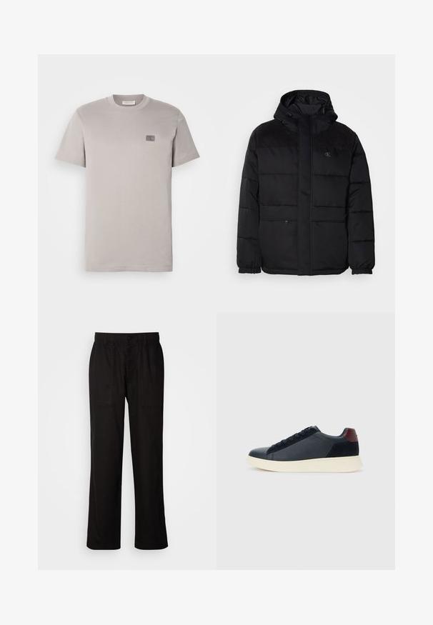 Padded black jacket with a hood, featuring a zip closure, elastic cuffs, and suede accents on the shoulders for added texture.; Gray cotton t-shirt with a crew neckline, short sleeves, and a small branded patch on the chest. Soft texture, regular fit.; Black pants with a relaxed fit, made from lightweight fabric. Features an elastic waistband, button closure, and two front pockets.; Low-top men's sneaker in black leather and suede with maroon heel tab and white rubber sole, viewed from the outer side.