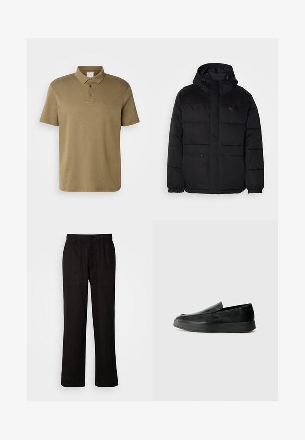Polstrovaná černá bunda s kapucí, vybavená zipovým zapínáním, elastickými manžetami a semišovými detaily na ramenou pro zvýšení textury.; Olivově zelené polo tričko vyrobené z měkké tkaniny, se klasickým límečkem, třemi knoflíky a malým logem vyšitým na hrudi.; Černé kalhoty s uvolněným střihem, vyrobené z lehké tkaniny. Mají elastický pas, knoflíkový uzávěr a dvě přední kapsy.; Calvin Klein HYBRID CUP - Polobotky - triple black