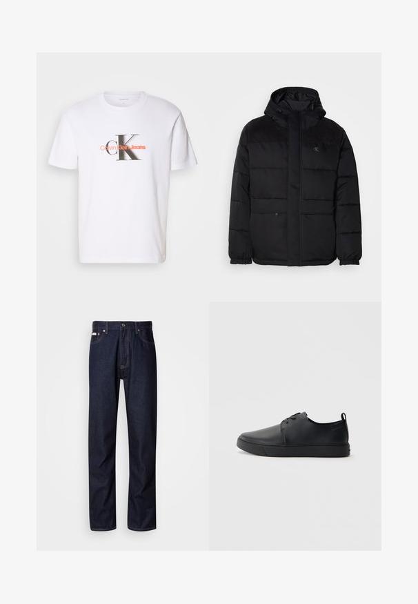 Casaco preto acolchoado com capuz, apresentando um fecho de correr, punhos elásticos e detalhes em camurça nos ombros para adicionar textura.; T-shirt de algodão branco com um design gráfico que apresenta "Calvin Klein Jeans" em laranja e um "CK" estilizado em preto e cinza.; Jeans de denim azul-escuro com um design de perna reta, apresentando um fecho de botão, cinco bolsos e detalhes de costura em contraste.; Sapatilha de couro preta com um acabamento liso, bico arredondado, costura ton sur ton, frente com atacadores e sola plana de borracha. Alça no calcanhar.